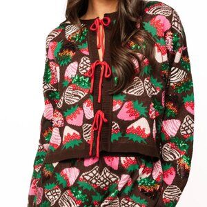 QUEEN OF SPARKLES Valentine's Day Brown Multi Strawberry Tie Up Sweater
